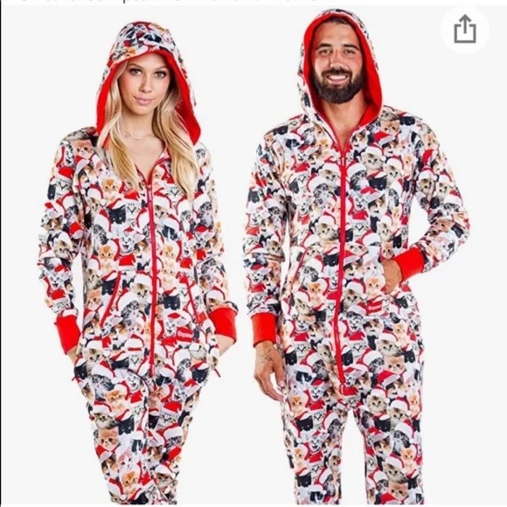 Tipsy Elves Meowy Catmus Cat Pajamas Hood Onesie Costume Size Small Christmas